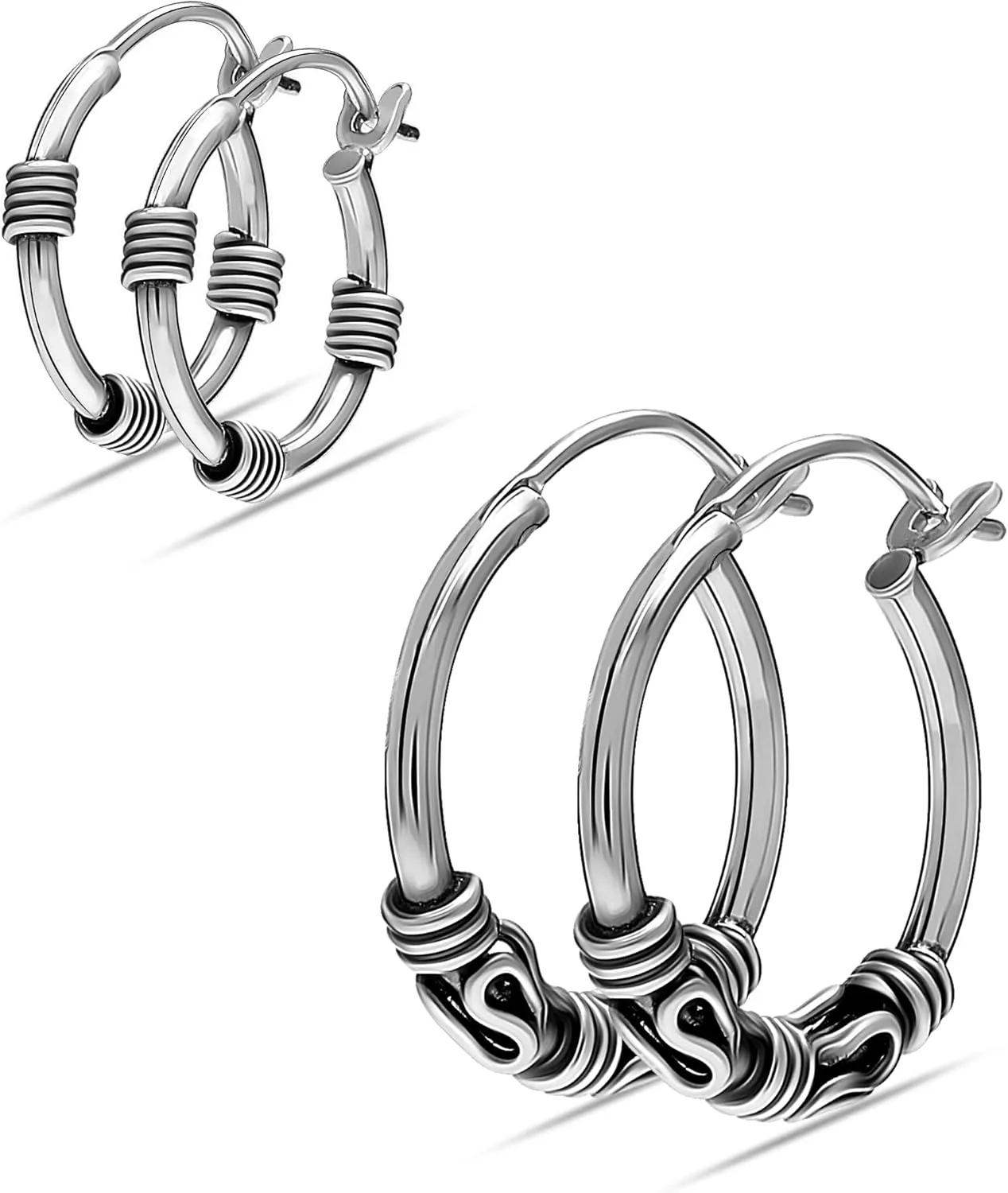 Set of 2 Pair 925 Sterling Silver Hoop Earrings for Women | Bali Double Hoop Earrings Set | Classic Textured Diamond-Cut Click-Top Hoops Earring Gifts for Her