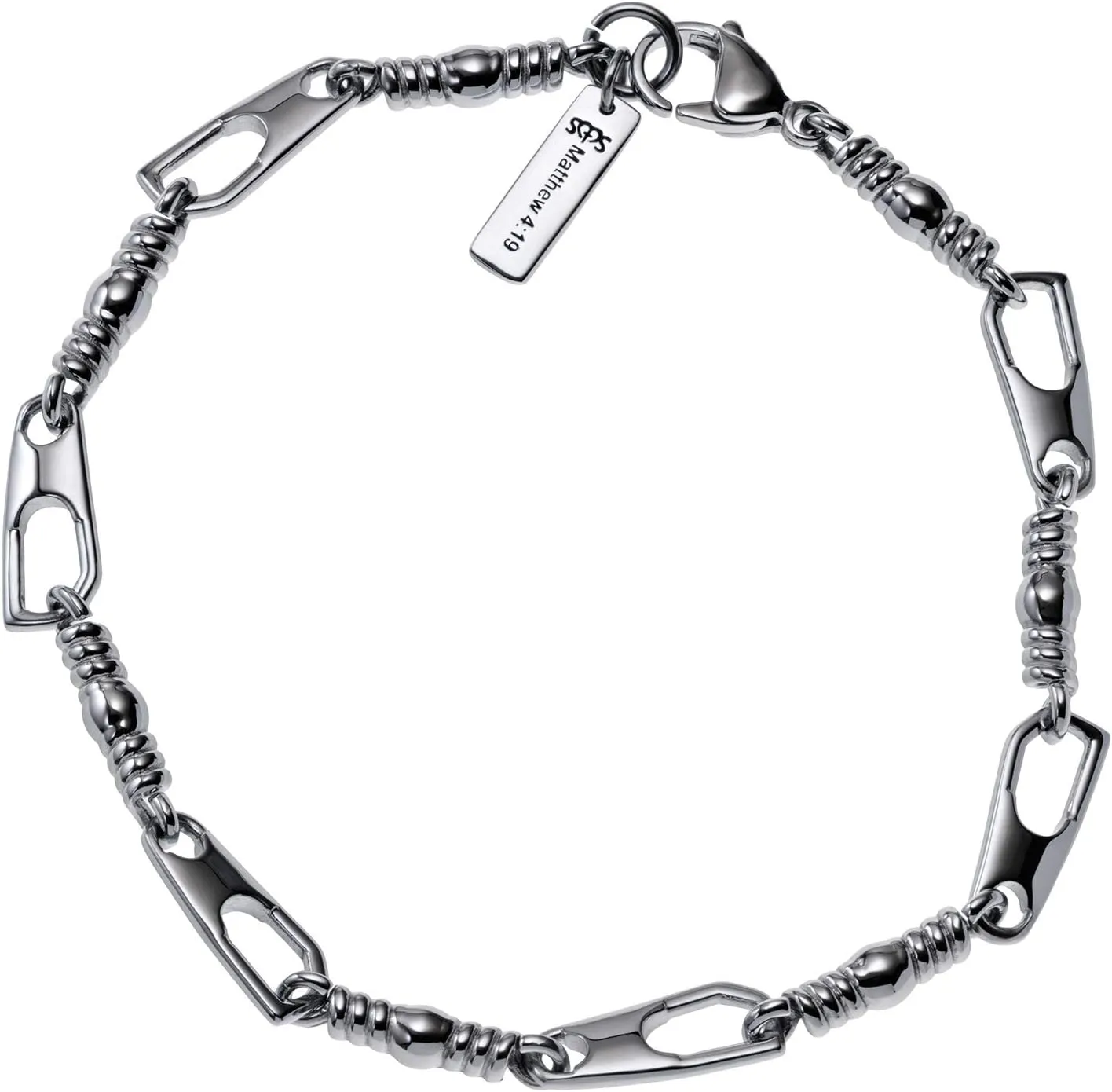 Shields of Strength Men's Stainless Steel Fishers of Men Chain Bible Scripture Verse Bracelet Inscribed with Matthew 4:19 Christian Jewelry Faith Gifts