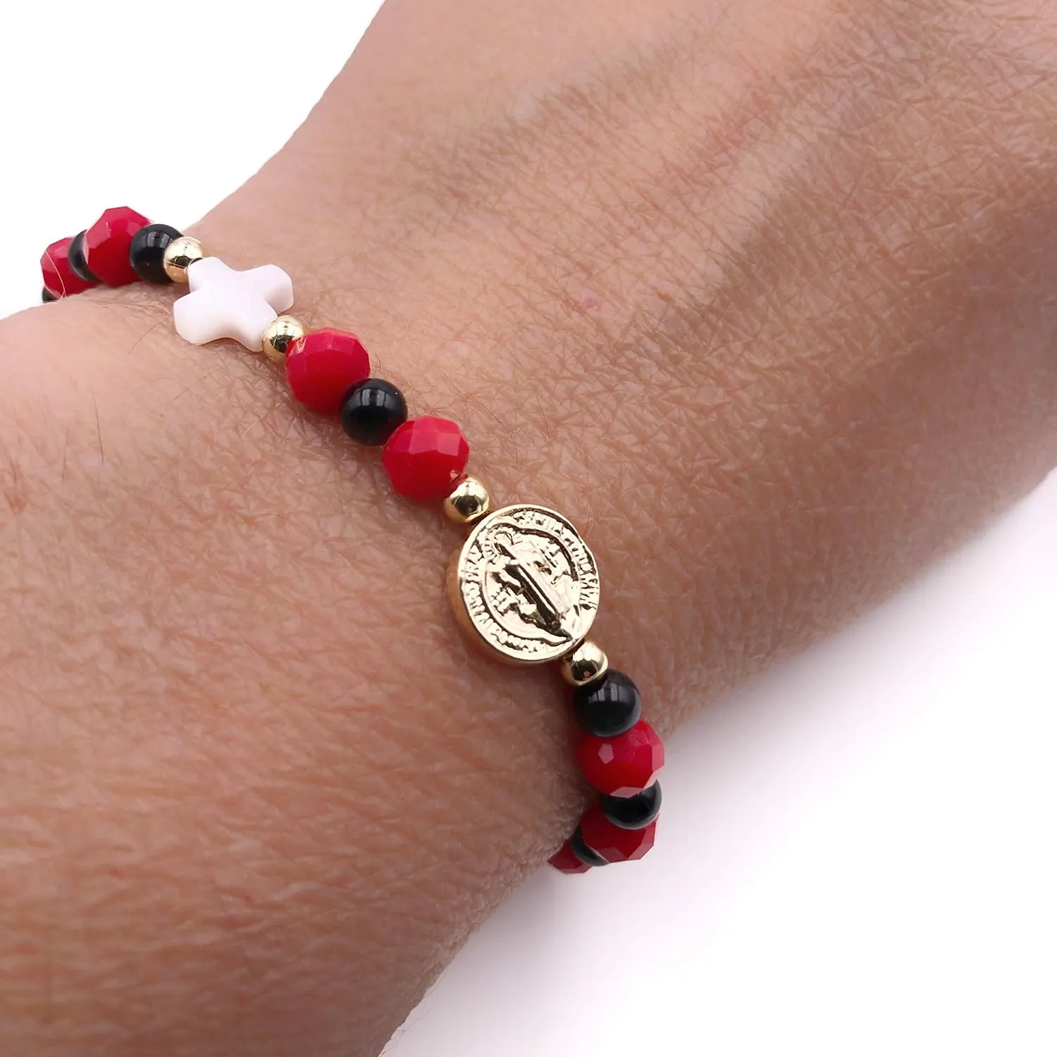 SIFRIMANIA Saint Benedict Adjustable Red Catholic Bracelet for all Ages Women Protection Jewelry (Red Crystals)