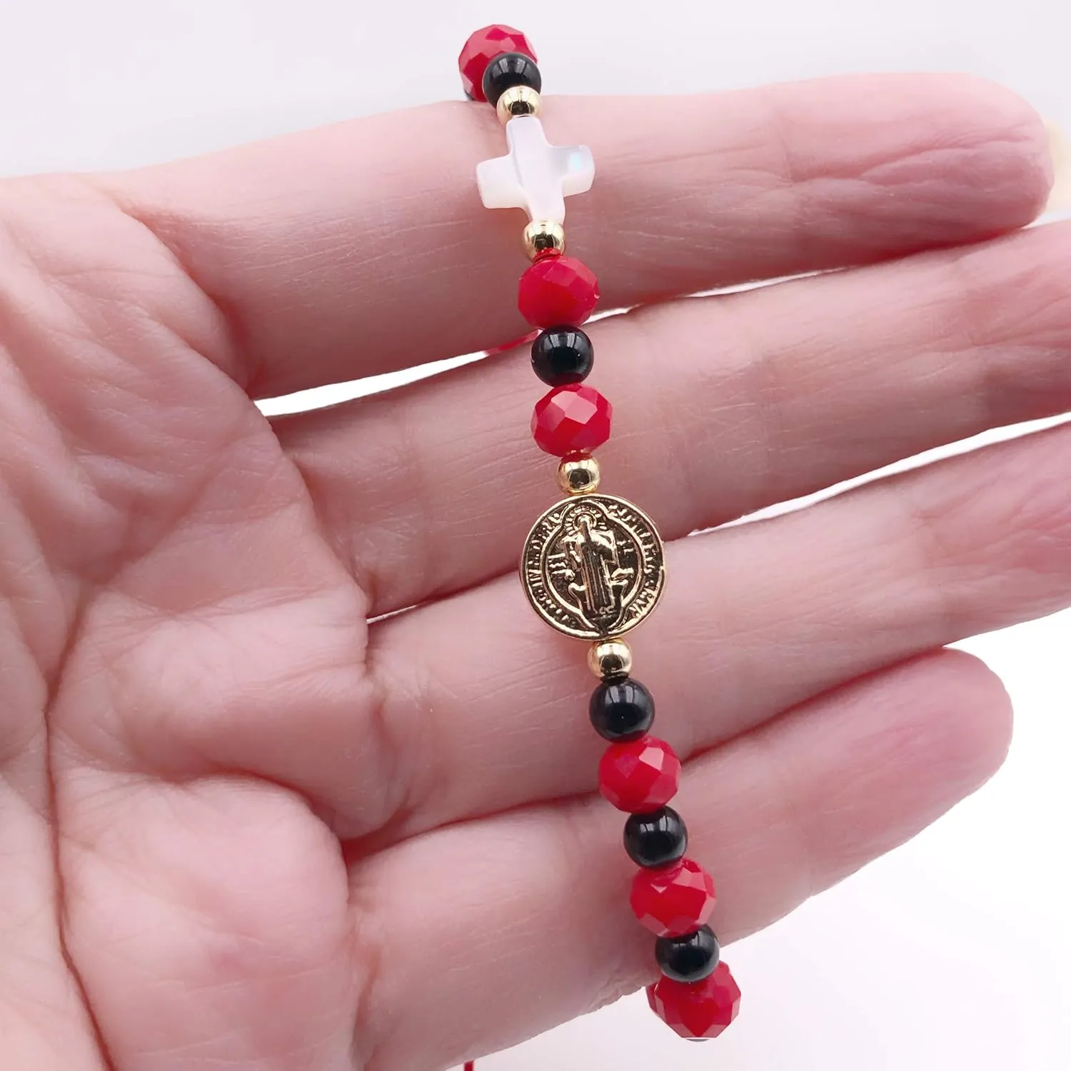 SIFRIMANIA Saint Benedict Adjustable Red Catholic Bracelet for all Ages Women Protection Jewelry (Red Crystals)