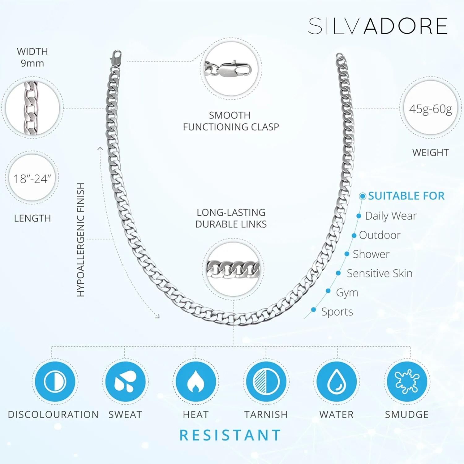 Silvadore 9mm Thick Silver Chain for Men Necklace - Flat Miami Stainless Steel CUBAN Link - NON-TARNISH & Waterproof Lifetime Jewelry - 18/20/22/24 Inch UK (2024 release)