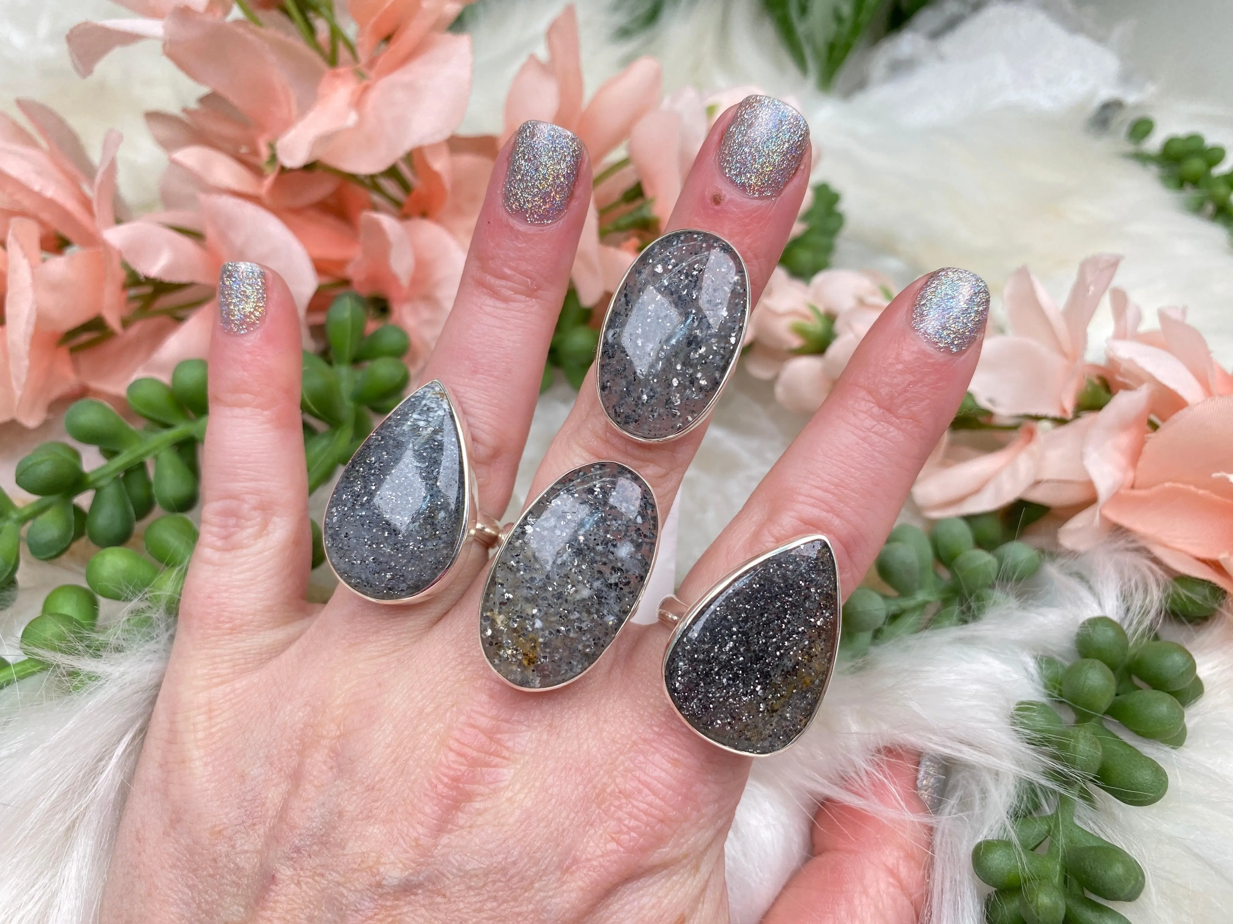 Silver Black Sunstone Rings