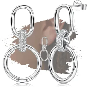 Silver Dangle Earrings for Women Trendy Sterling Silver Triple Hoop Stud Earrings Hypoallergenic Cubic Zirconia Circle Drop Dangle Earrings for Sensitive Ears Fashion Women's Earrings Christmas Gifts