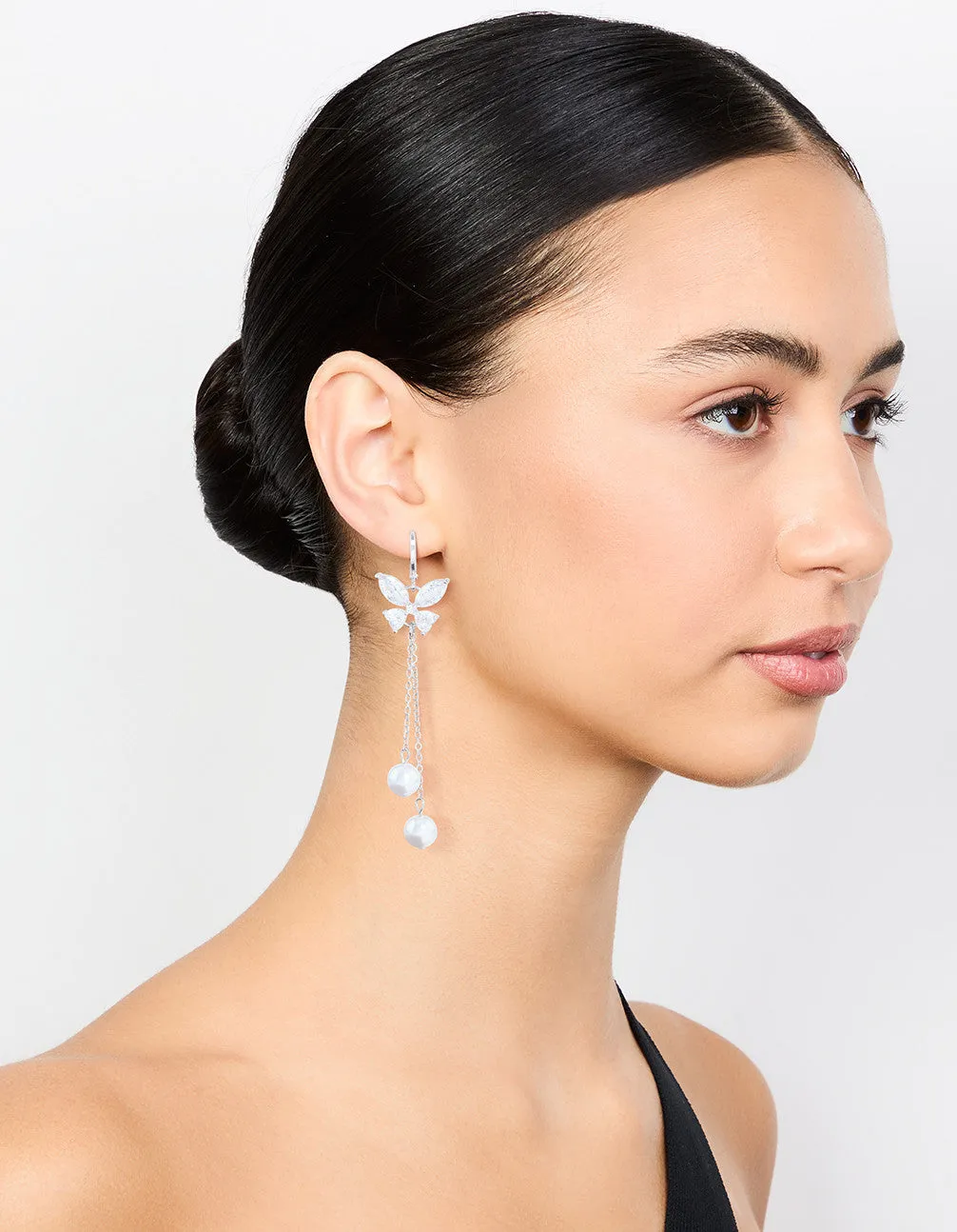 Silver Plated Cubic Zirconia, Pearl & Butterfly Huggie Earrings