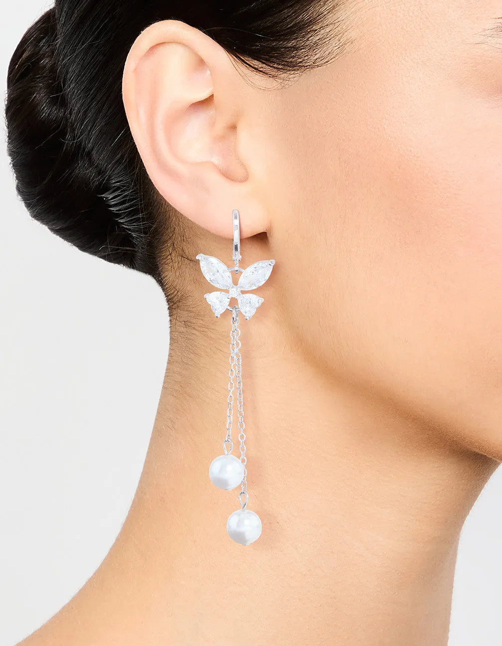 Silver Plated Cubic Zirconia, Pearl & Butterfly Huggie Earrings
