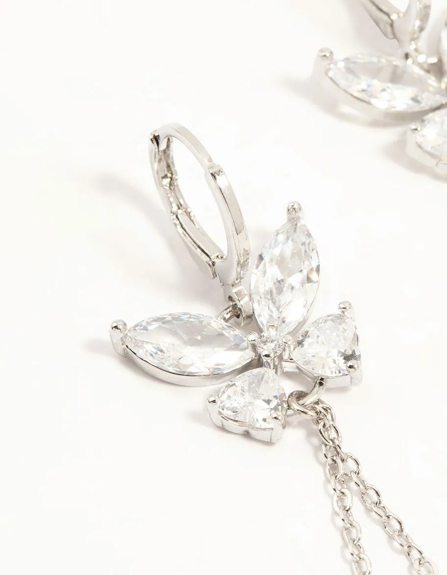Silver Plated Cubic Zirconia, Pearl & Butterfly Huggie Earrings