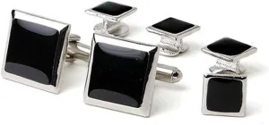 Silver Polished Square Genuine Onyx Center Tuxedo Cufflinks and Studs