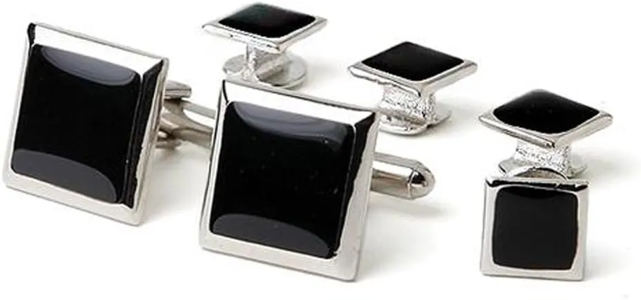 Silver Polished Square Genuine Onyx Center Tuxedo Cufflinks and Studs