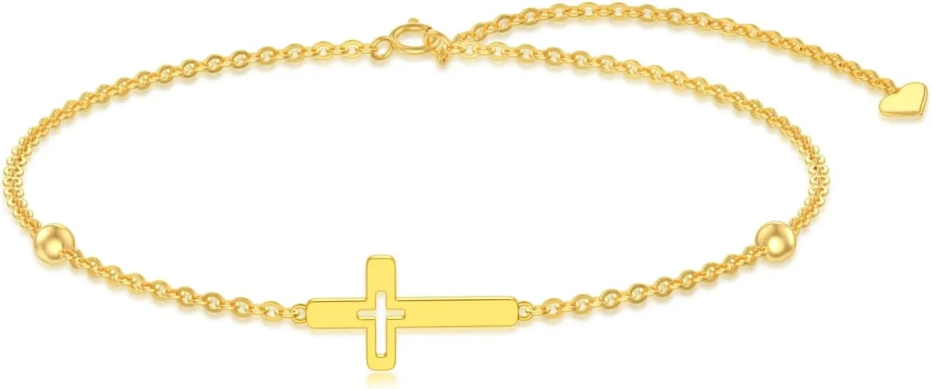 Silwan 14K Gold Cross Bracelet for Women,Yellow Gold Adjustable Religious Belief Cross Bracelets Bead Link Bracelet Fine Jewelry Gifts for Her Wife Mom, 6.5 1 1 inch