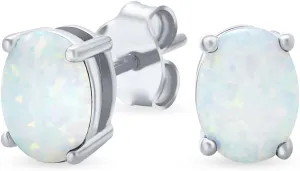 Simple Classic White Fire Orange Black Blue Opulence Gemstone Created Opal Oval Stud Earrings 14K Yellow Gold Plated .925 Sterling Silver 7MM October Birthstone