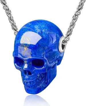 Skullis Signature Gem Skull Pendant Necklace, Amethyst, Citrine, Quart Rock, Black Obsidian, Lapis Lazuli, Malachite, Blue Chalcedony, Carnelian Carved Gemstone Crystal Skull Necklace for Men and Women.