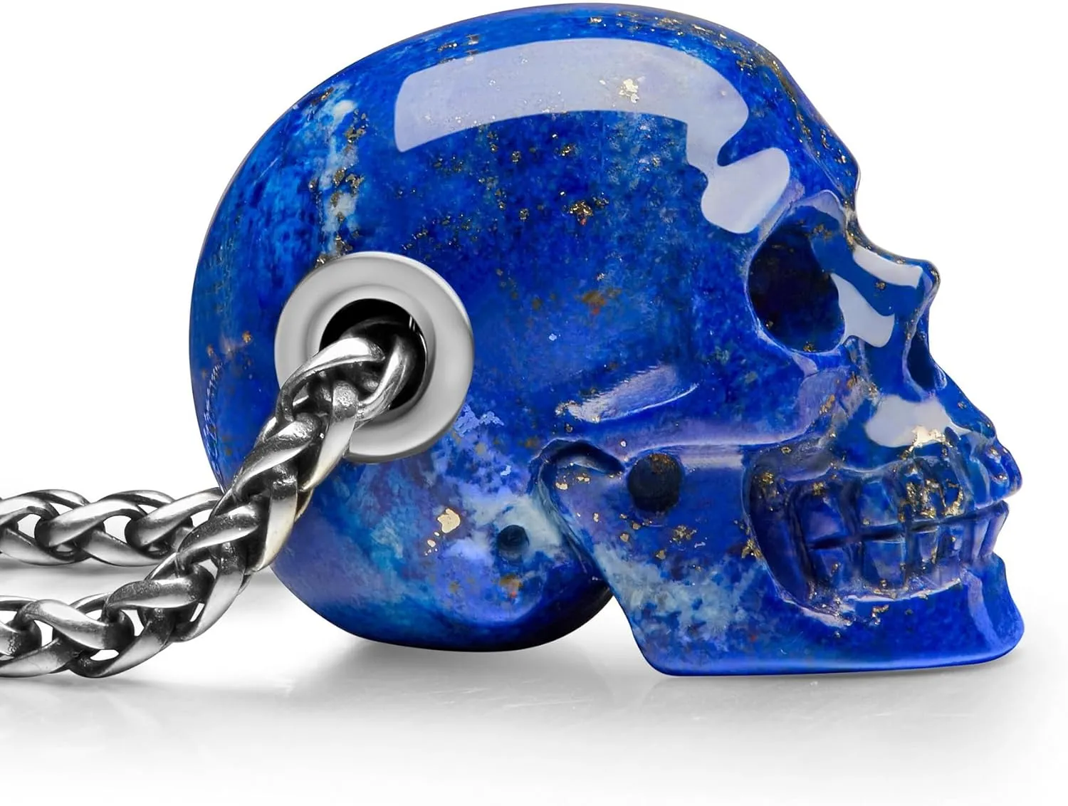 Skullis Signature Gem Skull Pendant Necklace, Amethyst, Citrine, Quart Rock, Black Obsidian, Lapis Lazuli, Malachite, Blue Chalcedony, Carnelian Carved Gemstone Crystal Skull Necklace for Men and Women.