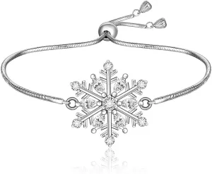 Snowflake Bracelet for Women Sterling Silver Christmas Bracelet Charm Winter Bracelets Sparkly Snow White Pentagram Charms Snowflake Friendship Blessing Xmas Jewelry Christmas Gift
