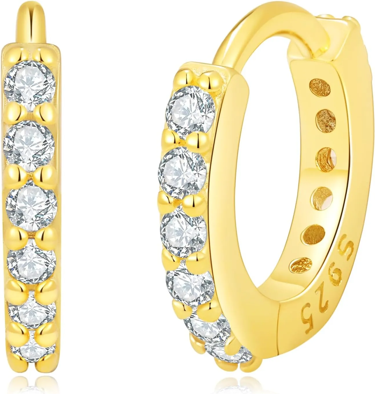 Solid S925 Huggie Earrings; Classic CZ Diamond S925 Huggie Earrings;14K Gold Plated Silver Hoop;Hypoallergenic Ear Healing Helix Cartilage Earlobe Long Lasting Earrings;