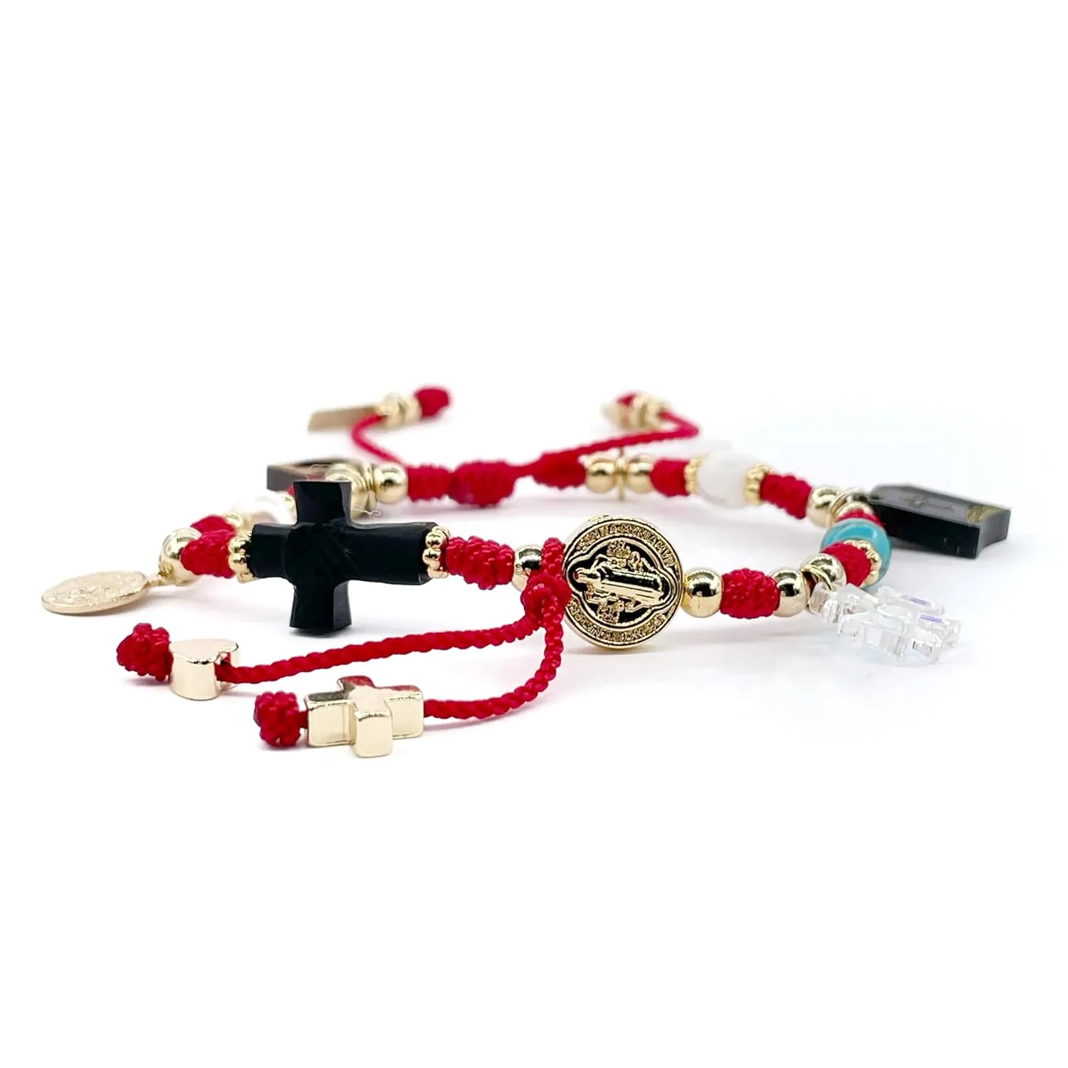 Spiritual St Benedict Coin Bracelet with Religious Symbols on Red Cord for Women