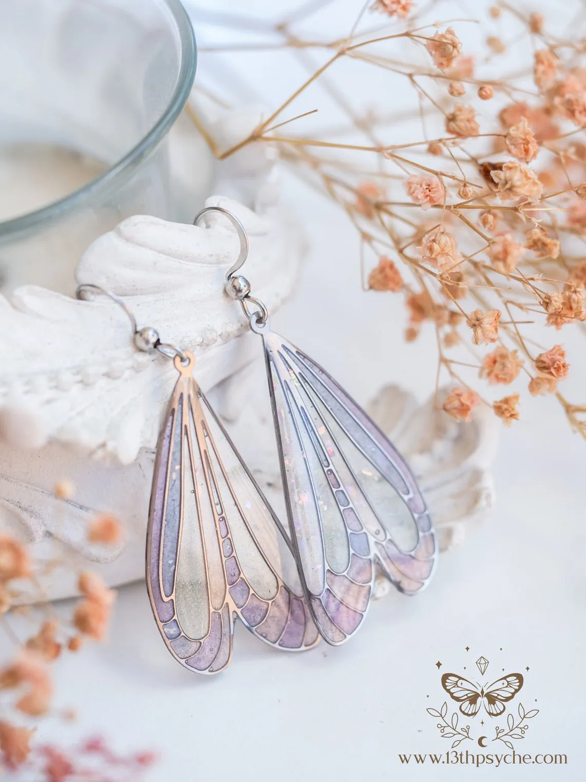 Stained glass inspired white dragonfly wing earrings