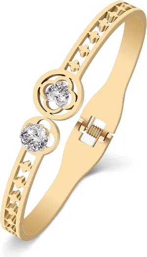 Stainless Steel 18K Gold Silver Plated Crystal Lucky Clover Bracelet Fun Spring Summer Plants Cuff Bangle Birthday Friendship Charms Jewelry Gifts For Women Mom Party Favors