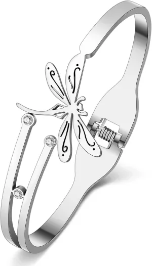 Stainless Steel 18K Gold Silver Plated Dragonfly Bracelets Cuff Bangle Rhinestone Spring Summer Animals Gifts For Women Insects Lovers