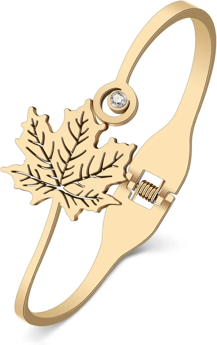 Stainless Steel 18K Gold Silver Plated Rhinestone Fall Maple Leaf Bracelets Autumn Plants Cuff Bangle Birthday Jewelry For Women Friendship Charms Gifts