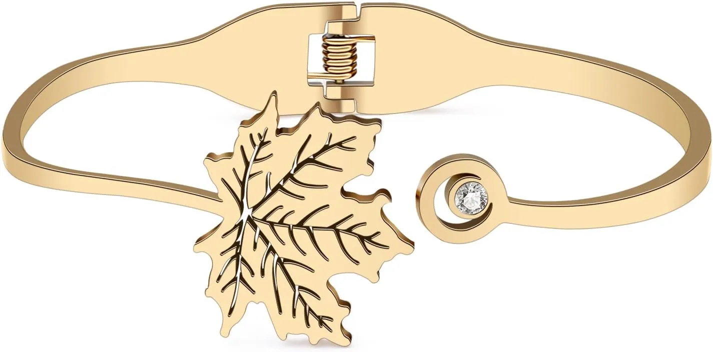 Stainless Steel 18K Gold Silver Plated Rhinestone Fall Maple Leaf Bracelets Autumn Plants Cuff Bangle Birthday Jewelry For Women Friendship Charms Gifts