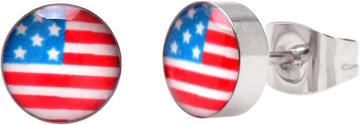 Stainless Steel American Flag Earrings Studs, United States