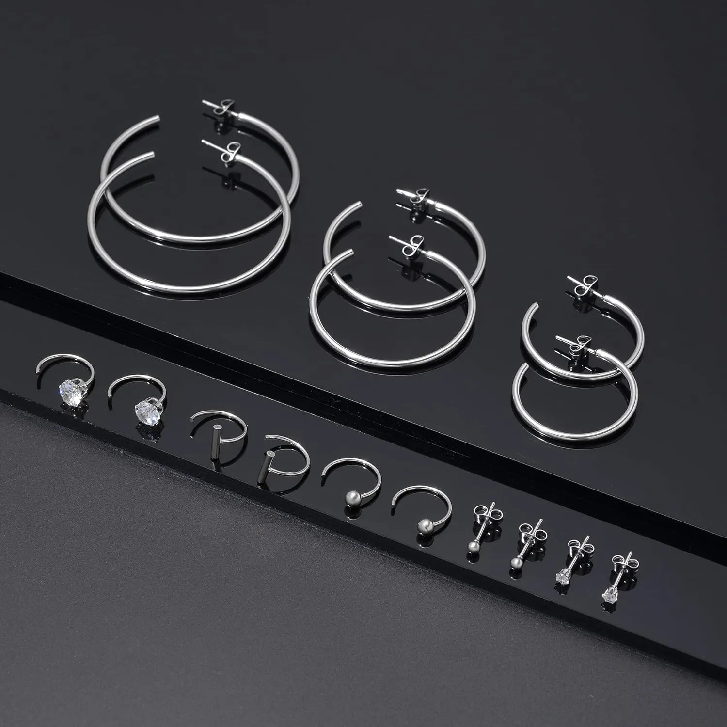 Stainless Steel Gold Hoops Silver Hoop Earrings Hypoallergenic Hoop Cartilage Piercing Earrings Tiny Ball Cubic Zirconia Stud Earrings Set for Women