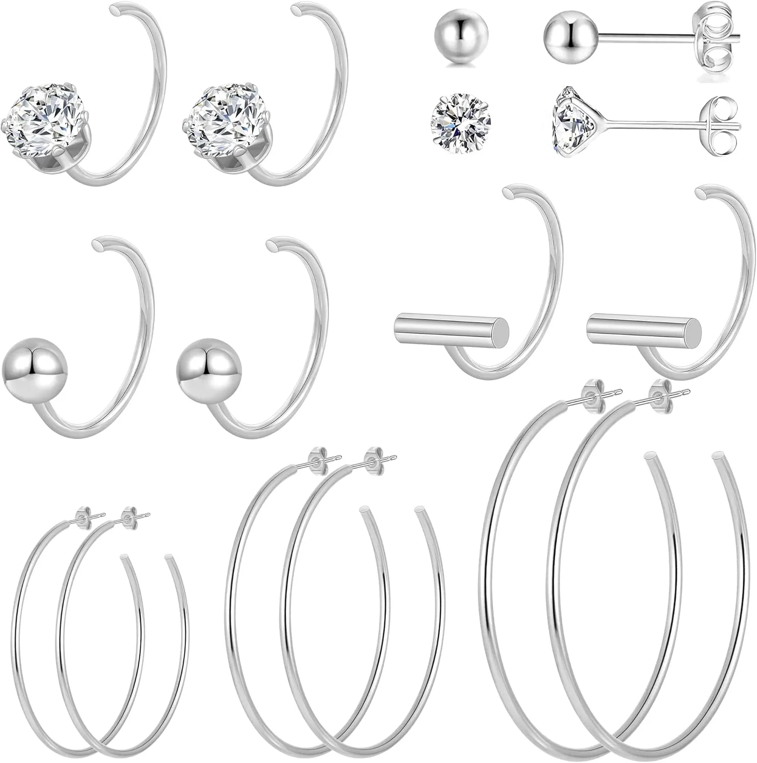Stainless Steel Gold Hoops Silver Hoop Earrings Hypoallergenic Hoop Cartilage Piercing Earrings Tiny Ball Cubic Zirconia Stud Earrings Set for Women