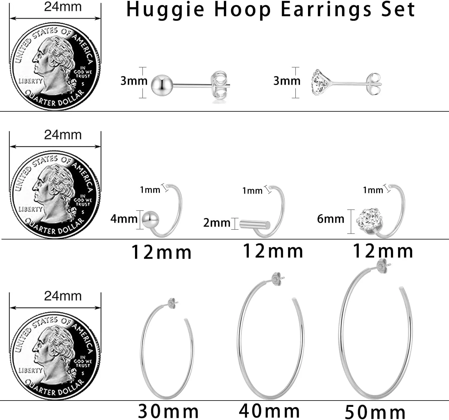 Stainless Steel Gold Hoops Silver Hoop Earrings Hypoallergenic Hoop Cartilage Piercing Earrings Tiny Ball Cubic Zirconia Stud Earrings Set for Women