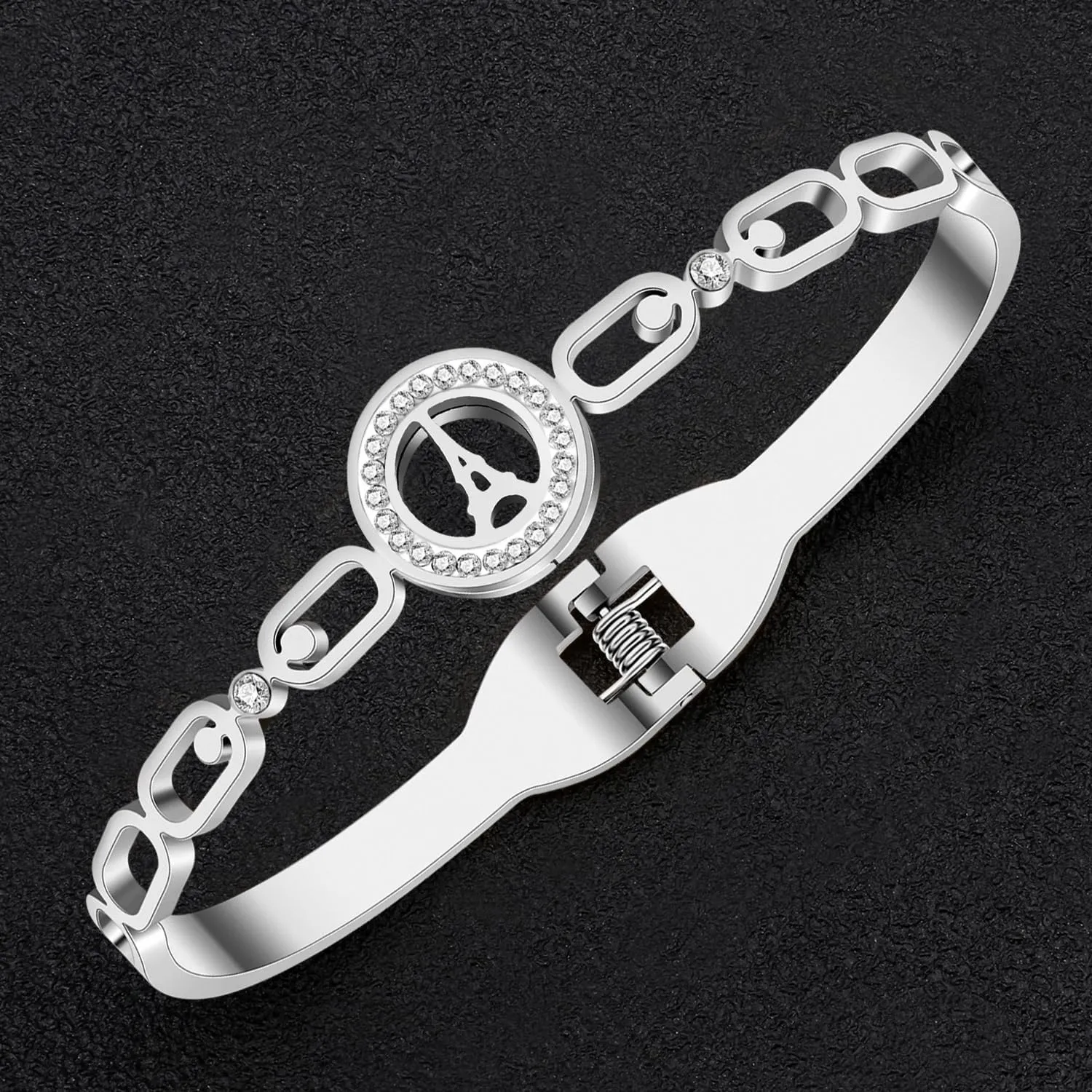 Stainless Steel Rhinestone Eiffel Tower Bracelets Hollow Out Cuff Bangle Trendy Jewelry For Women Charms Paris Gifts