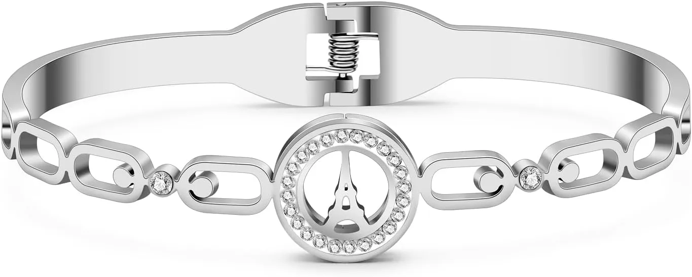 Stainless Steel Rhinestone Eiffel Tower Bracelets Hollow Out Cuff Bangle Trendy Jewelry For Women Charms Paris Gifts