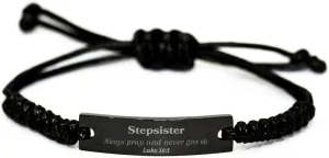 Stepsister Black Rope Bracelet Engraved with Luke 18:1 Inspirational Prayer for Christmas, Graduation, and Birthday Gifts