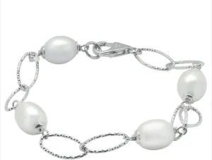 Sterling Silver 8.5-9mm Oval Freshwater Pearl Station Bracelet