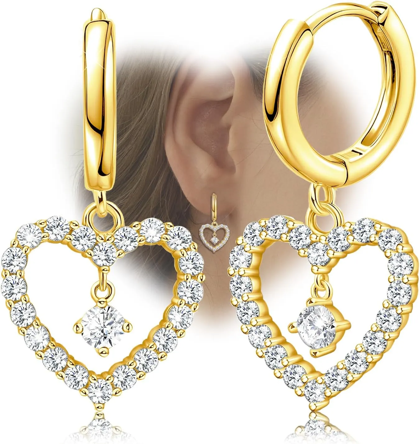 Sterling Silver Gold Heart Dangle Hoop Earrings with Cubic Zirconia Dangle for Women Hypoallergenic Lightweight Classic Heart Hoop Earrings for Women