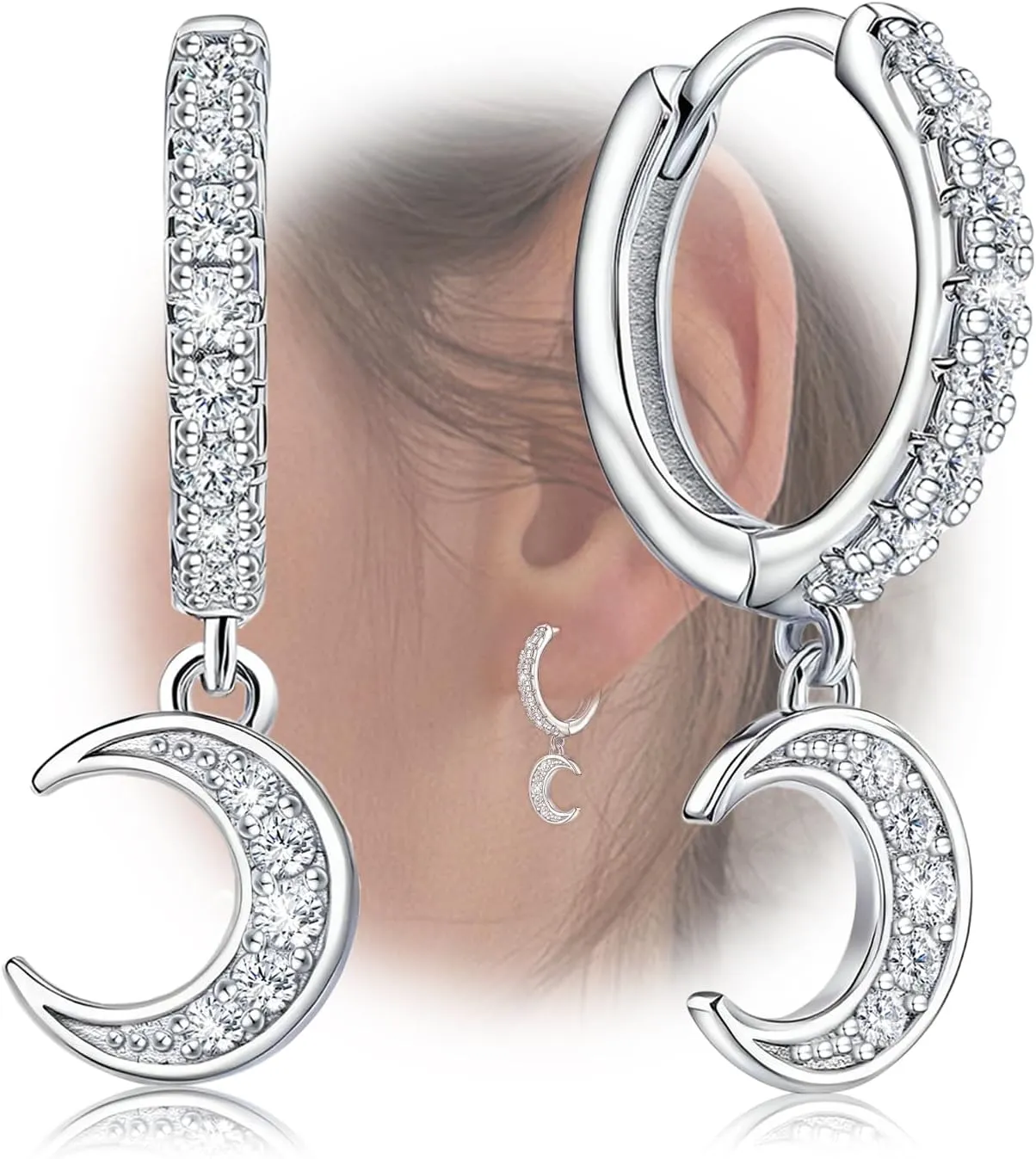 Sterling Silver Moon Hoop Earrings with Cubic Zirconia Dangle Hypoallergeic Classic Lightweight Hoop Earrings for Sensitive Ears for Women