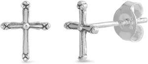 Sterling Silver Simple Cross Traditional Classic Christian Faith Earrings 925