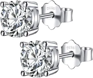 Sterling Silver Stud Earrings, Round Clear Cubic Zirconia Silver Stud Earrings for Women Men Gift