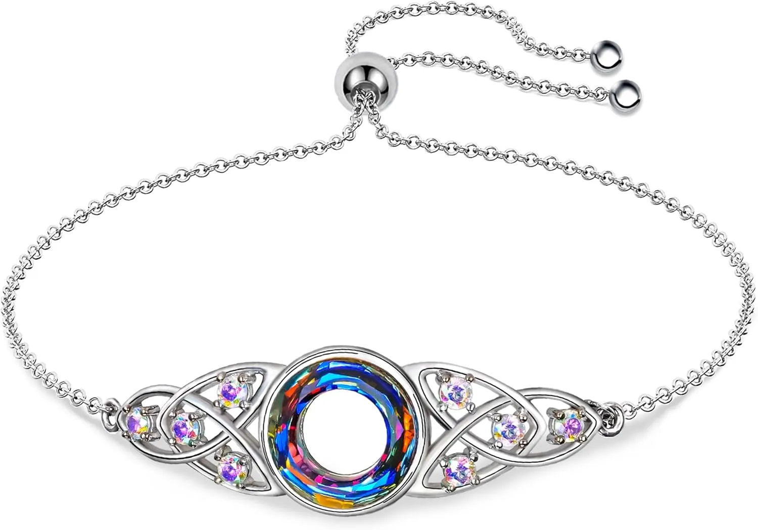 Sterling Silver Trinity Knot Bracelet with Crystal Ring Charm | Celtic Knotwork Jewelry  Adjustable, Hypoallergenic, Gift for Luck & Eternity