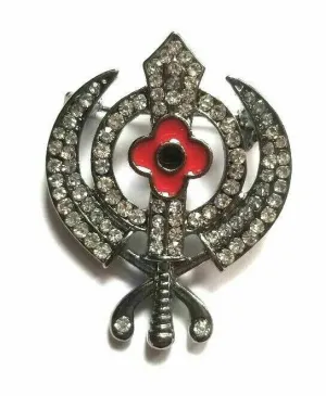 Stunning diamonte black gun metal sikh khandapoppy singh kaur khalsa brooch pin