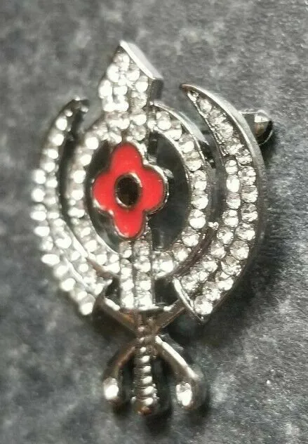 Stunning diamonte black gun metal sikh khandapoppy singh kaur khalsa brooch pin