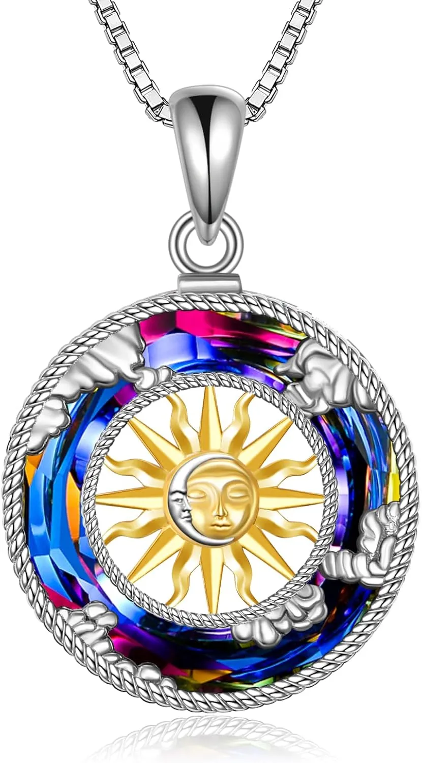 Sun and Moon 925 Sterling Silver Necklace Couple Love Celestial Sun and Moon Crystal Jewelry for Women