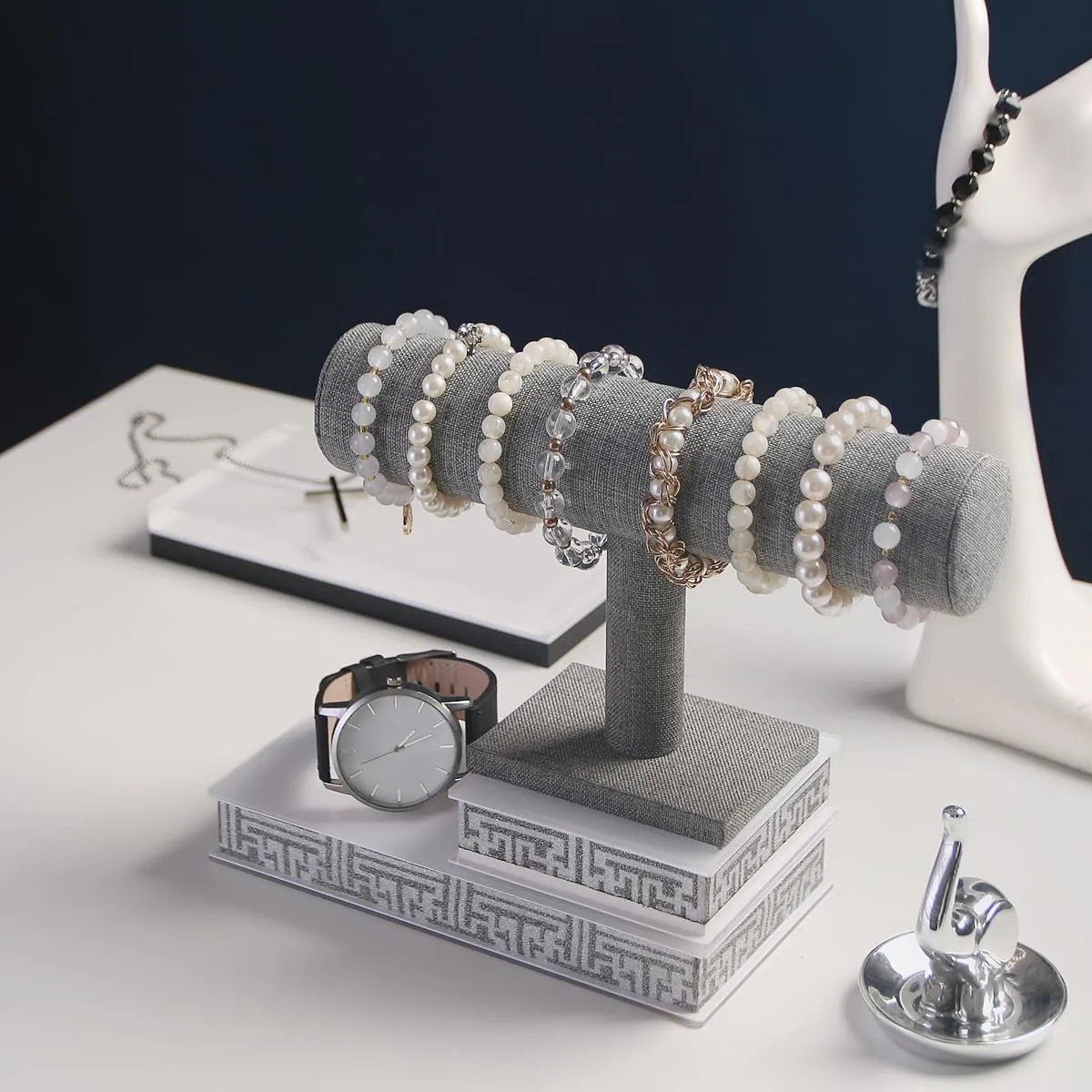 T-Bar Bracelet Holder, Bracelet Display Stand For Selling, Hair Tied Jewelry Organizer Watch Rack For Home Show (Gray Linen)