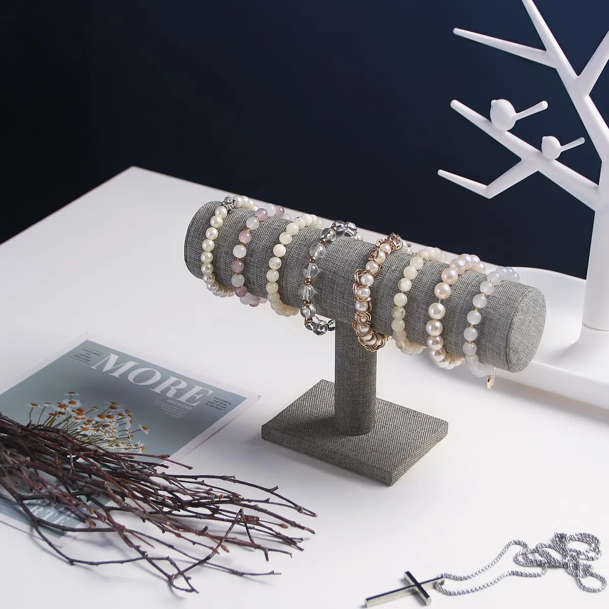 T-Bar Bracelet Holder, Bracelet Display Stand For Selling, Hair Tied Jewelry Organizer Watch Rack For Home Show (Gray Linen)