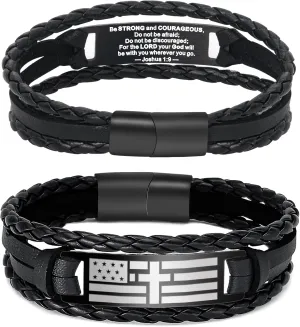 TAGOMEI Christian Gifts for Mens Leather Bracelet 2025 Graduation Gifts for Him Stainless Steel Black Braided Leather American Flag Cross Bible Verse Bracelets for Men Son Dad Inspirational Gift