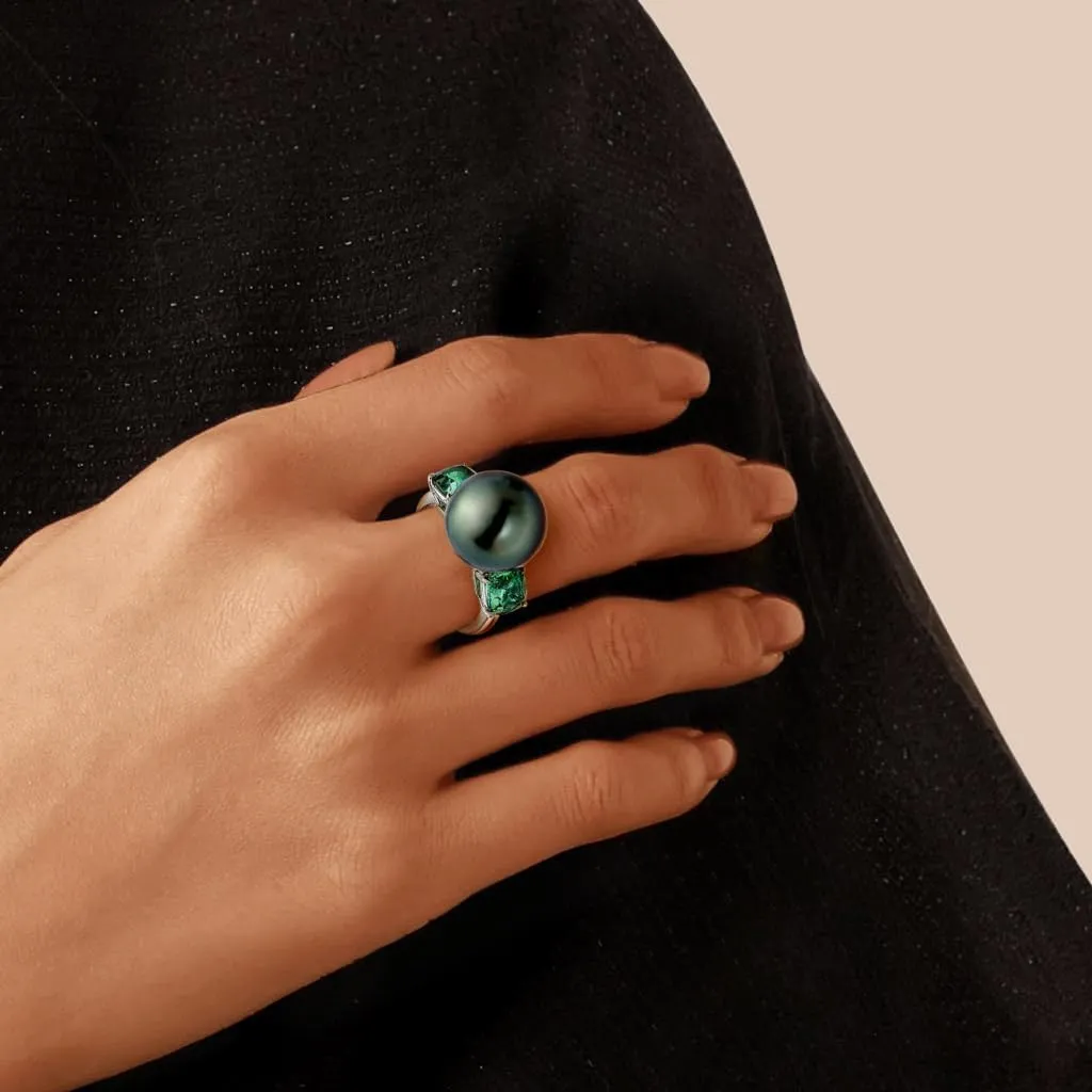 Tahitian Black Pearl Ring for Women with Emeralds Side Stones, AAA Quality Handpicked Nature 12mm Black Pearl Anniversary Engagement Rings for Women, Size 5-9