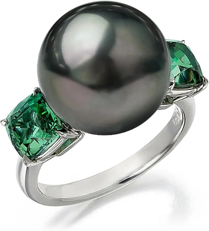 Tahitian Black Pearl Ring for Women with Emeralds Side Stones, AAA Quality Handpicked Nature 12mm Black Pearl Anniversary Engagement Rings for Women, Size 5-9