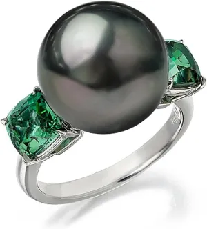 Tahitian Black Pearl Ring for Women with Emeralds Side Stones, AAA Quality Handpicked Nature 12mm Black Pearl Anniversary Engagement Rings for Women, Size 5-9
