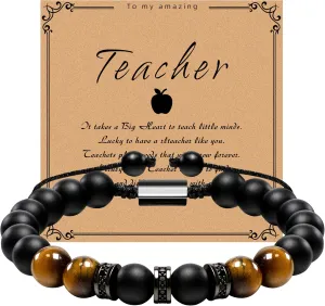 Teacher Gifts for Teacher from Student - Personalized Natural Stone Bracelet - Black Onyx and Tiger Eye - End of Year Gifts for Teachers- Back to School Teacher Gifts