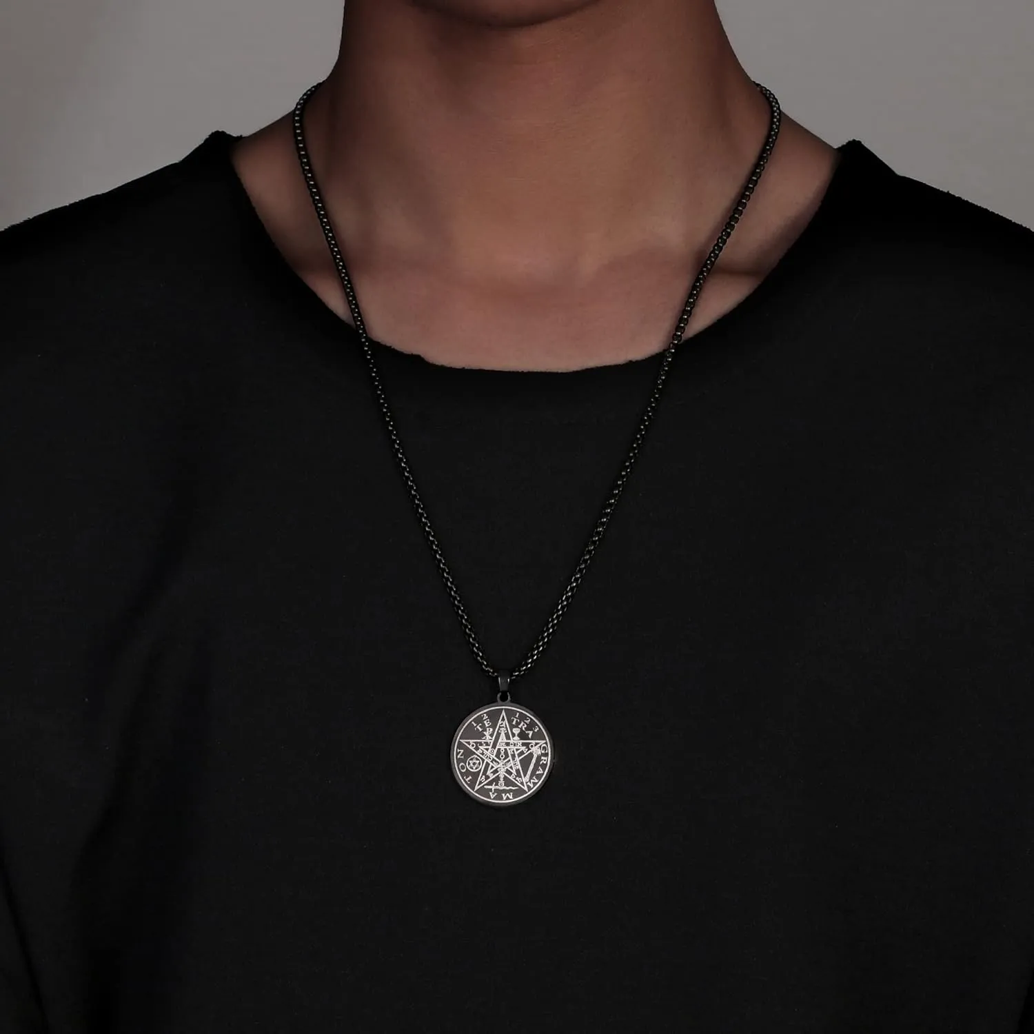 Tetragrammaton Pentacle Necklace for Men Pentagram Protection Amulet Wicca Jewelry, Five-pointed Star, Magical,The Ancient Power Name of God Stainless Steel 24 inches