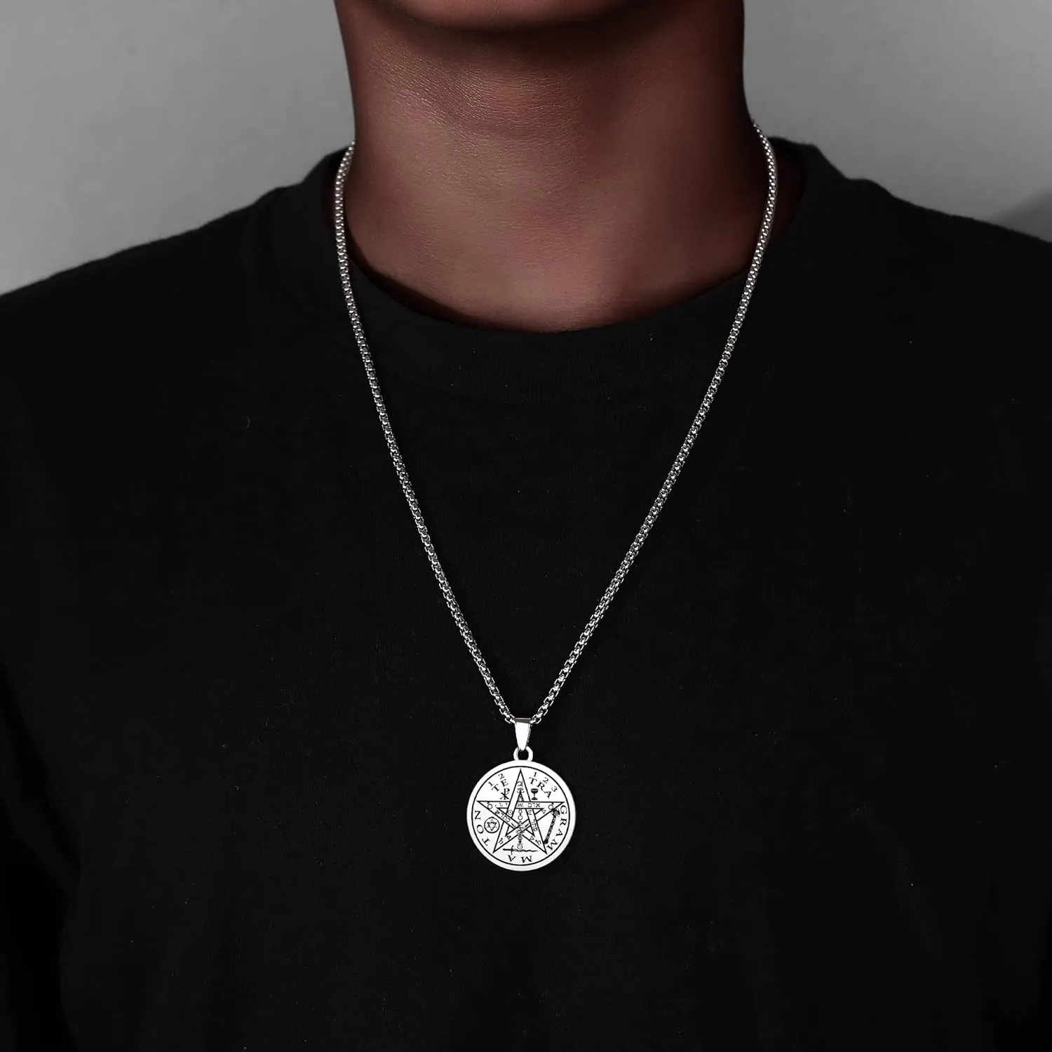Tetragrammaton Pentacle Necklace for Men Pentagram Protection Amulet Wicca Jewelry, Five-pointed Star, Magical,The Ancient Power Name of God Stainless Steel 24 inches