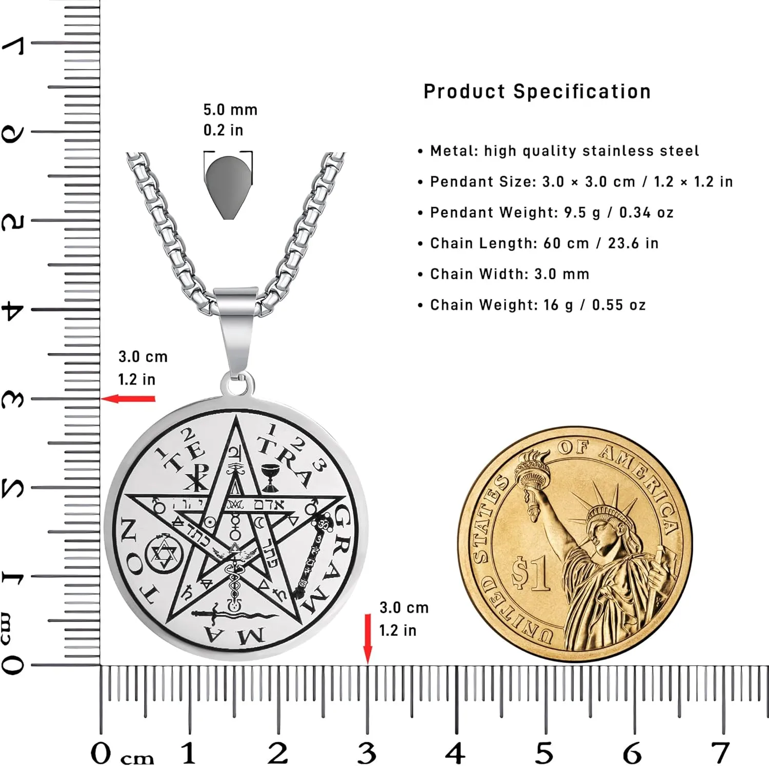 Tetragrammaton Pentacle Necklace for Men Pentagram Protection Amulet Wicca Jewelry, Five-pointed Star, Magical,The Ancient Power Name of God Stainless Steel 24 inches